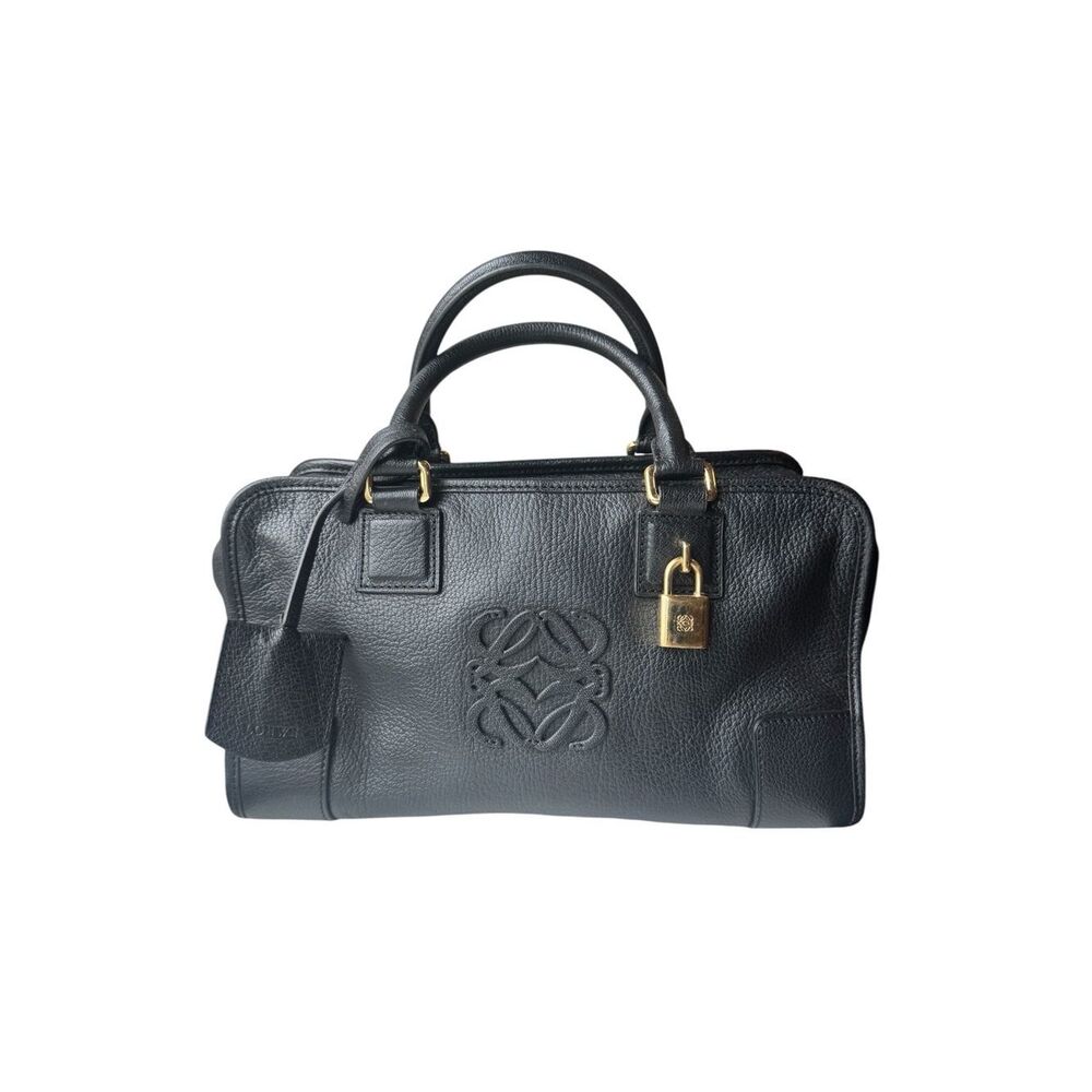 Loewe Black Pebbled Leather Amazona 28 Top Handle Boston Bag Auth